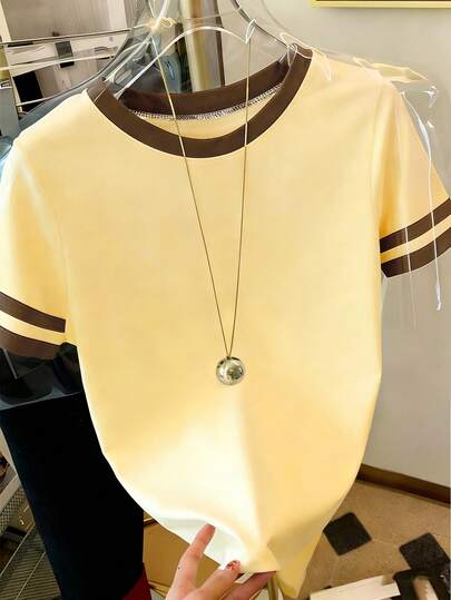 Women's Solid Cream Yellow Contrast Cuff T-Shirt, Summer Outfit For Women, Vacation Outfits, Casual Blouses For Women