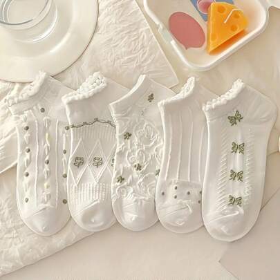 5双装女士薄款透气蕾丝边柔软舒适短袜，春夏款
