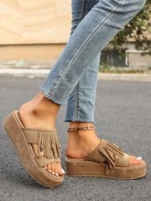 2026 New Fairy Style Thick Sole Beach Slippers, Fashionable One-Strap Slides For Pregnant Women To Wear With Dresses In Summer - Khaki - View 3