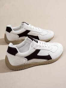 1双女士春秋新款德国训练鞋，易于清洁，圆头低帮休闲鞋，平底，舒适，百搭，小白鞋，撞色设计，运动休闲鞋，复古风运动鞋，四季皆宜 - 白灰色 - 查看 12