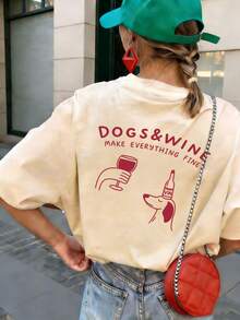 2026 Cartoon Puppy & Red Wine Graphic Print Crew Neck Short Sleeve T-Shirt. New Minimalist Women's T-Shirt With A Cute Pattern, Casual Holiday Style, Relaxed Fit, Crew Neck And Short Sleeves. - 黑暗的 - 查看 8