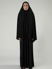 2件組女款純色雙面頭巾與裙子套裝，Khimar；1件純色易穿脫希賈布 + 1件純色鬆緊腰裙 - 彩色 - 查看 5
