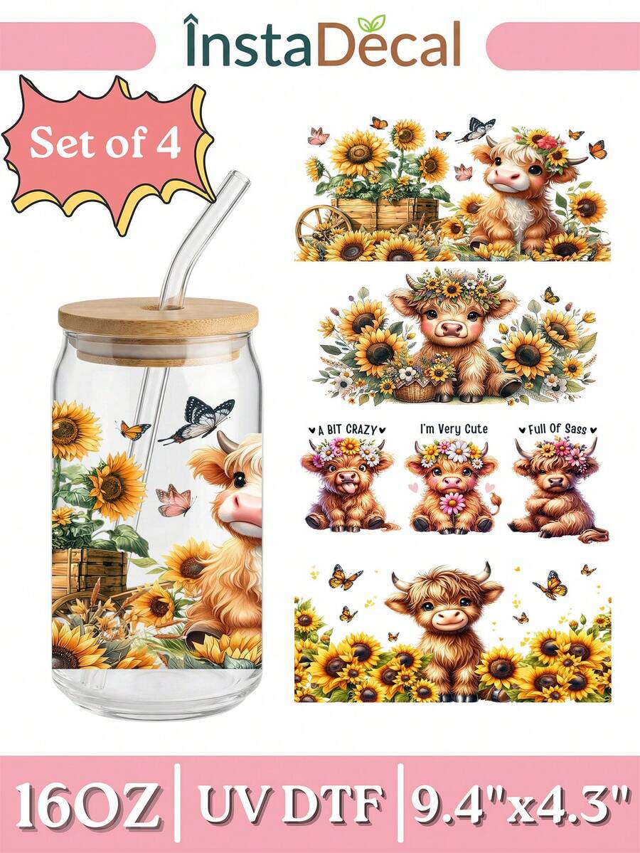 4 件/套 高地牛 UV DTF 转印贴纸（9.4x4.3 英寸），无需加热，向日葵蝴蝶西部农舍风格，可爱小牛图案，防水摩擦贴纸，适用于 16 盎司 Libbey 玻璃杯 DIY 礼品 - Baby Cow 04 - 查看 1