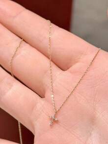 Shescity 1 chiếc vòng cổ thánh giá nhỏ nhiều lớp kiểu Mỹ dành cho nữ, mặt dây chuyền đính đá Zirconia siêu sáng bóng tinh tế. - Vàng - Xem 5