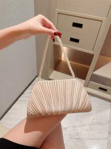 Moonlit Eve Bag, 1 Piece Minimalist Pleated Satin Clutch, Romantic Pearl Handbag, Suitable For Parties, Weddings, Graduation Galas, Can Be Paired With Holiday Outfits, Evening Gowns And Sequin Dresses - Apricot - View 12