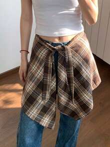 美式复古不规则格子拼接遮臀半身裙 女式时尚百搭提臀迷你裙 适合Y2K街头服饰 - 彩色 - 查看 7