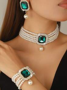 4pcs Set Luxurious Exaggerated Multi-Layer Faux Pearl, Rhinestone And Crystal Embedded Necklace, Earrings, Bracelet Jewelry Set, Suitable For Women's Wedding, Party, And Holiday Gifts - Multicolor - View 1