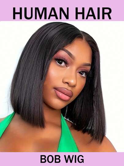 短直波波头假发，真人发，13x4透明蕾丝前额，150%密度，带婴儿绒毛，自然黑色，适合日常和派对佩戴