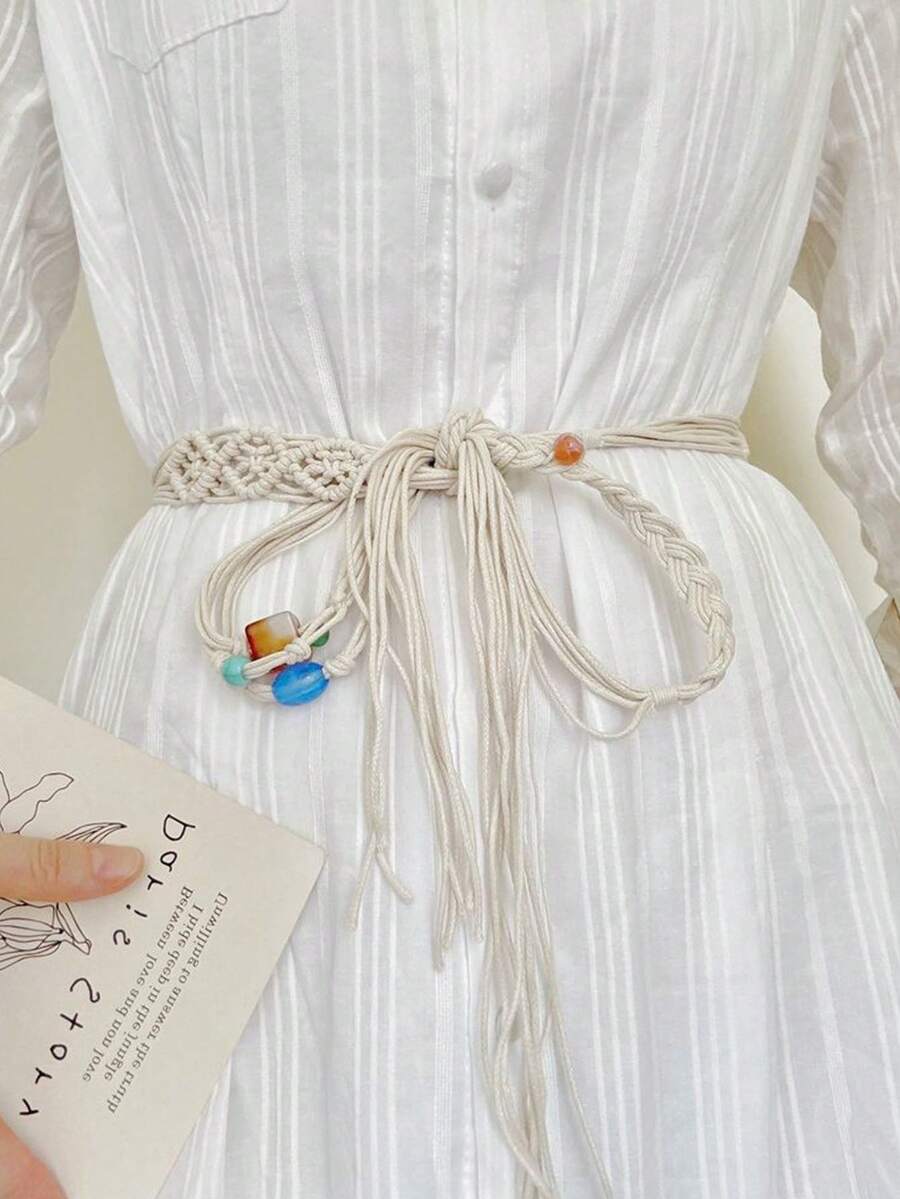 1pc Bohemian Woven Tassel Waist Rope, Beige For Women - Beige - View 1