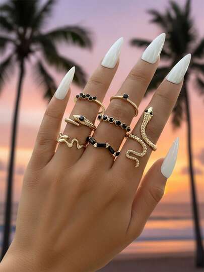 7件套朋克风金属水钻几何蛇形戒指套装，适合女性叠戴，礼品