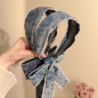 1pc New Thick Denim Wide Embroidered Headband, Widened Floral Woven Ribbon Long Streamer Headband, Gentle Elegant Versatile Outdoor Headpiece For Women Hair Band Hair Hoop