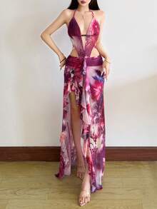 YeonC 女士露背无袖印花半透明派对连衣裙，不对称下摆饰有流苏，高弹针织波西米亚风吊带连衣裙，活力热带印花夏季连衣裙 - 紫色 - 查看 3