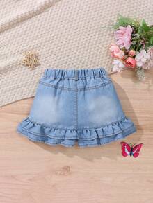 Girls' Denim Shorts With Ruffle Hem, Fashionable & Comfortable, Suitable For Casual Wear - Light Wash - View 2