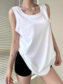 Women's Casual Loose Fit Cotton Sleeveless Tank Top, Korean Style Minimalist White Vest For Summer, Breathable Slim Fit Undershirt - White - View 4