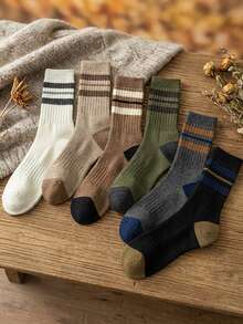 6 Pairs Unisex Retro Striped Crew Socks | All-Season Breathable Comfort - Multicolor - View 1