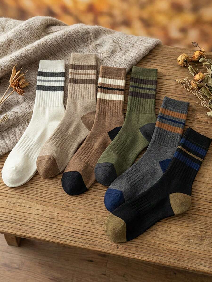 6 Pairs Unisex Retro Striped Crew Socks | All-Season Breathable Comfort - Multicolor - View 1