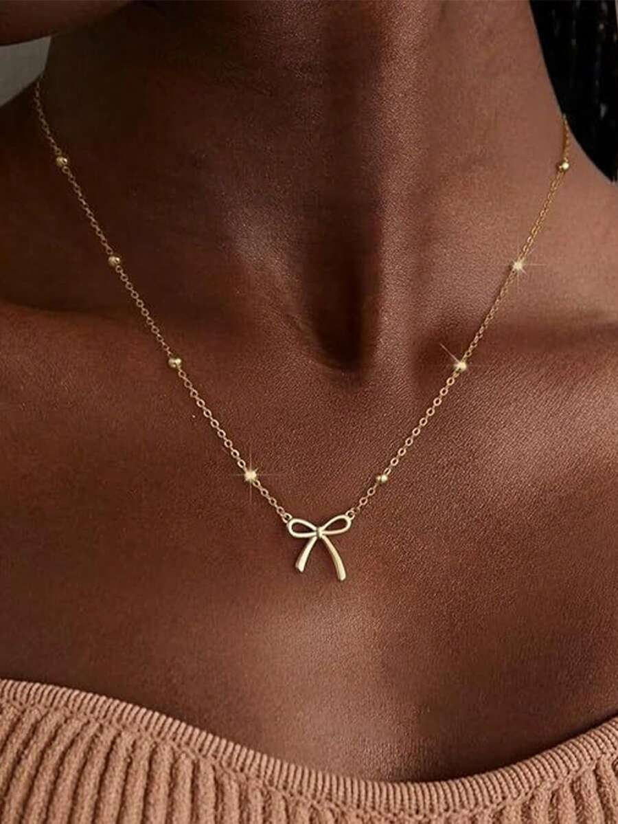 1件蝴蝶结吊坠项链，女士奢华简约锁骨链，精致礼物，适合日常佩戴 - 彩色 - 查看 1