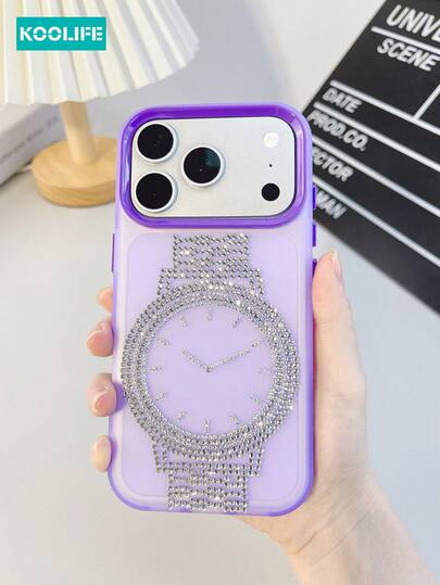 1 pieza Funda de teléfono con contraste de color, diseño de reloj con cristales de diamante, PC+TPU, semi-transparente mate, cubierta protectora resistente a golpes, compatible con iPhone 17/17 Pro/17 Pro Max
