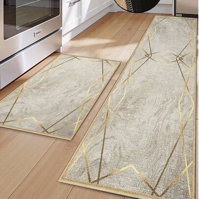 [¡CALIENTE!] 1 pieza Alfombra de cocina de goma suave de lino, alfombra de cocina de 3,5 mm de grosor, estilo minimalista de lujo moderno de color gris claro con línea dorada y patrón de ola de agua, alfombra absorbente de agua grande, bordes cosidos para evitar el desprendimiento, superficie de lino, capa intermedia de esponja, capa inferior de goma, adecuada para alfombras de cocina, decoración de cocina, decoración de bodas, decoración del hogar, alfombra de baño, alfombra de entrada, alfombra de lavandería, alfombra de pasillo, alfombra de sala de estar, etc.