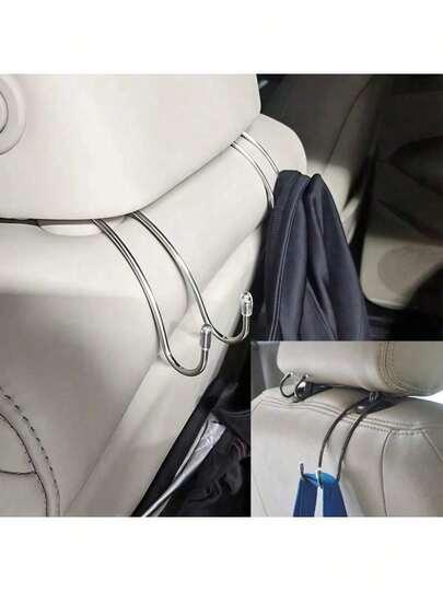 4 pièces Crochets de voiture en acier inoxydable, Crochet pour dossier de siège, Crochets doubles non magnétiques avec tampon antidérapant en silicone, s'adaptent parfaitement à la tige de l'appuie-tête, sans bruit pendant la conduite