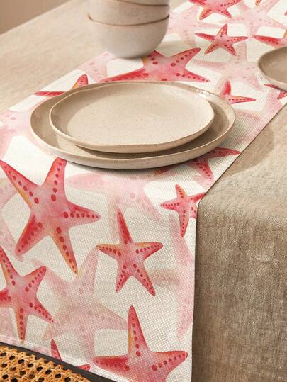 1 pieza Camino de mesa de lino con patrón de estrella de mar pintado a mano, adecuado para vacaciones, fiestas, cumpleaños, cenas, decoración de cocina y comedor, cubierta para gabinete de zapatos y de almacenamiento, decoración de temporada y textil para el hogar