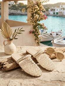 1 Pair Girls' Summer Fashion Slippers, Asymmetrical Woven Beige Upper, Slip-On Peep Toe Sandals, Suitable For Home, Beach, Walking - Beige - View 5