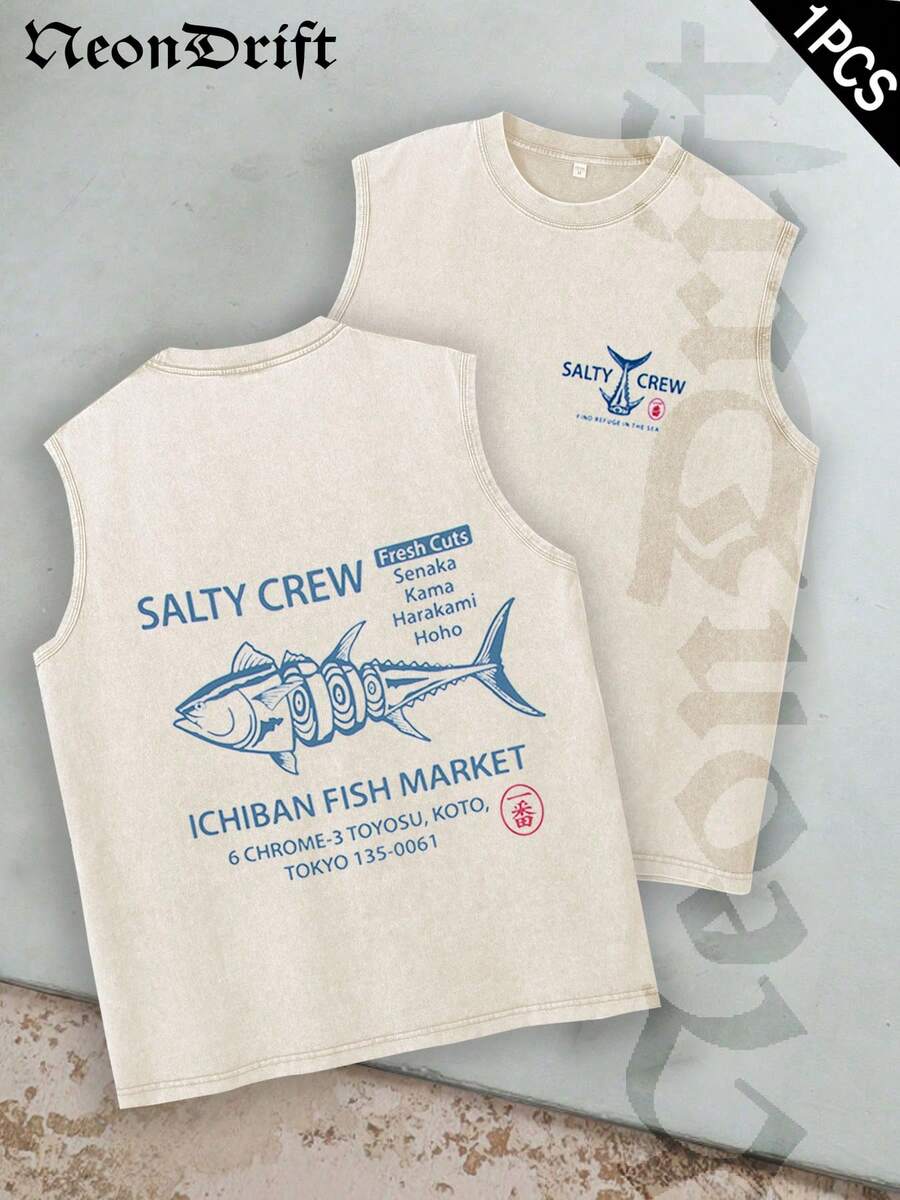 NeonDrift Double-Sided Printing Men's Tank Top 100% Cotton Heavyweight Vintage Distressed Washed Sleeveless T-Shirt, 100% Cotton, Soft & Skin-Friendly, Streetwear Style-Salty Crew Fish Market Sleeveless Tank Top With Blue Tuna Graphic And Tokyo Address Print Casual Summer Wear For Men Streetwear Style Urban Outfit Outdoor Activities Fishing Enthusiasts - 杏色 - 查看 1