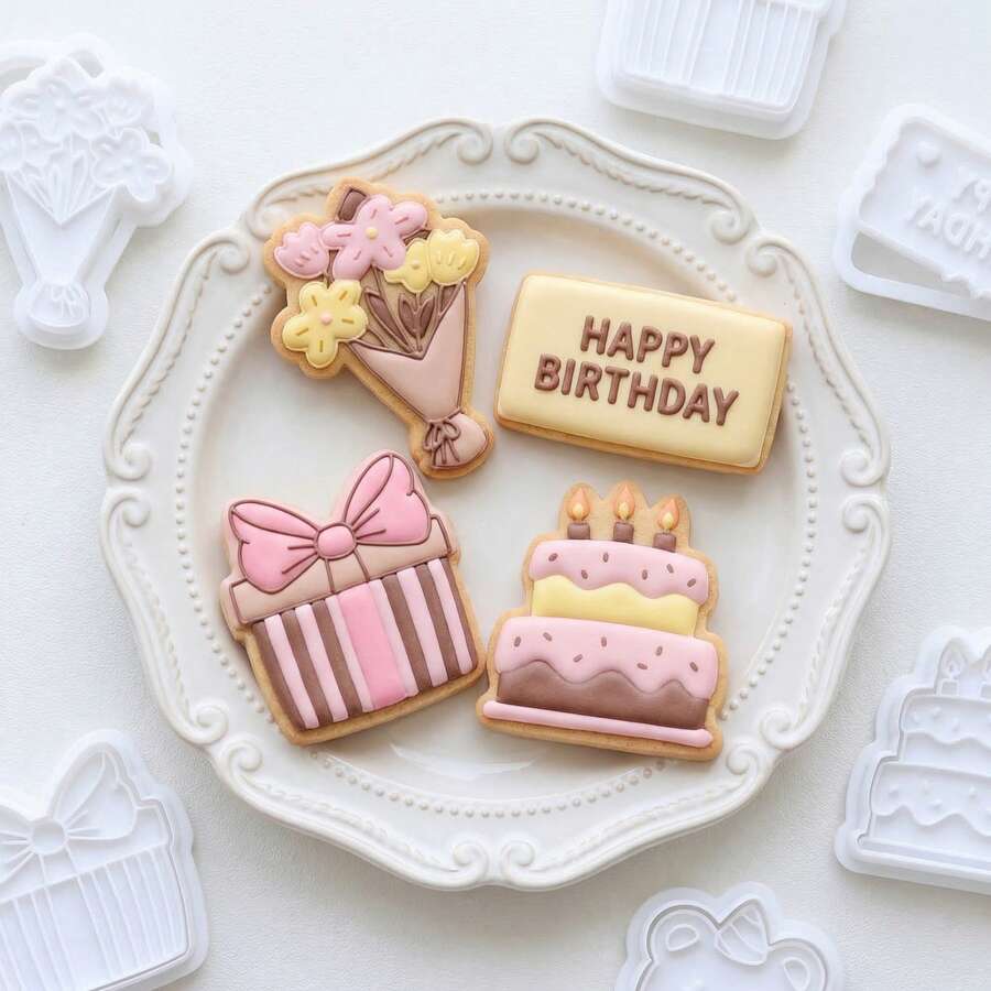 1 套可爱生日饼干模具 - 小熊、兔子、蛋糕和礼盒烘焙模具,塑料模具,用于制作生日、婴儿派对和庆祝活动的可爱烘焙食品! - 查看 1