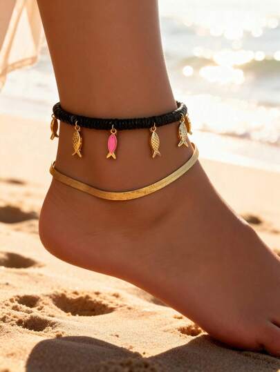 波西米亚风金色鱼形吊坠脚链套装 - 黑色贝壳珠和蛇骨链叠层沙滩脚饰，夏季足部配饰