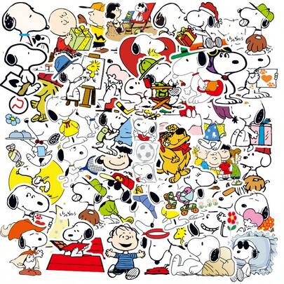 SNOOPY 50枚 かわいい白い子犬ステッカーパック、カワイイ漫画キャラクターベースのステッカー、ボトル ノートパソコン スケートボード 装飾ステッカー。ファンの誕生日プレゼント。