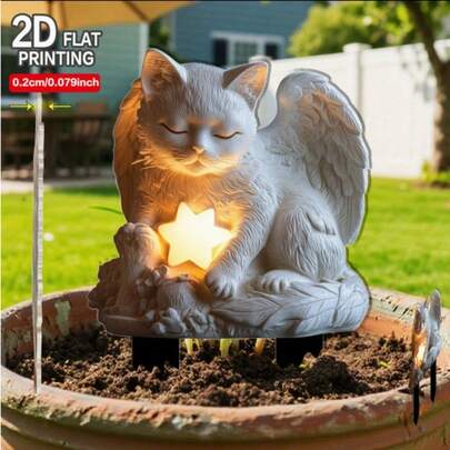 Tượng mèo hình cánh thiên thần 2D, 1 chiếc, dùng trang trí sân vườn - Quà tặng tưởng niệm ngoài trời mộc mạc, phù hợp cho người nuôi thú cưng, chất liệu nhựa chịu thời tiết, thiết kế hình mèo thiên thần và ngôi sao, không cần điện, thích hợp trang trí sân vườn, kỷ niệm, sinh nhật, ngày lễ.