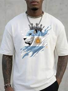 FIFA World Cup Themed Men's T - Shirt With Lion & Argentina Flag - Inspired Print, 100% Pure Cotton, Breathable & Comfortable, Essential For Cheering On Your Favorite Team - 白色 - 查看 1