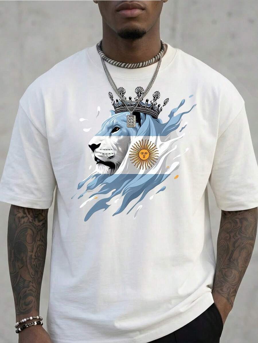 FIFA World Cup Themed Men's T - Shirt With Lion & Argentina Flag - Inspired Print, 100% Pure Cotton, Breathable & Comfortable, Essential For Cheering On Your Favorite Team - 白色 - 查看 1
