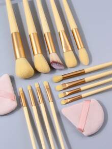 13pcs Professional Makeup Brush Set, Includes 2pcs Triangle Makeup Sponges, Blush Brush, Eyeshadow Brush, Powder Brush, Eyebrow Brush, Nylon Bristles, Great Valentine's Day Gift For Makeup Enthusiasts - Yellow - View 6