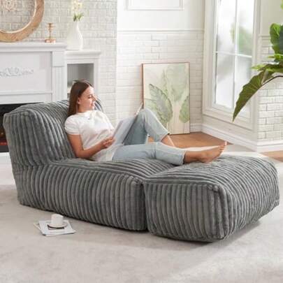 Big Bean Bag Lounger Chairs Large Beanbag Chair For Adults Bean Bag Sofa With Memory Foam Filled For Living Room Bedroom Or Balcony Stripe Grey