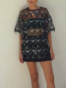 Women's Glitter Sheer See Through Short Sleeve Mesh Boat Neck Top Tee Blouse Tassel Decor Oversized Tee Shirt Tops Summer - màu đen - Xem 2