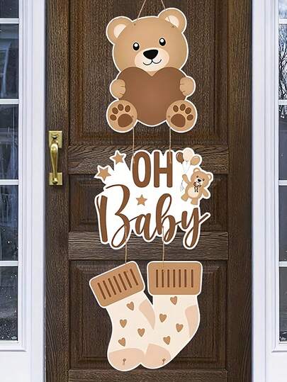 1pc Brown Bear Paper Door Hanger, Heart And Bear Pattern Door Decor, Suitable For Christening Theme Party, Birthday Party, Gender Reveal Party
