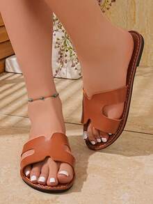 1 đôi dép lê đế bằng hở mũi dành cho nữ, thiết kế khoét lỗ, kiểu dáng thường ngày, nhẹ nhàng, màu nâu, thích hợp cho mùa hè. - màu nâu - Xem 1