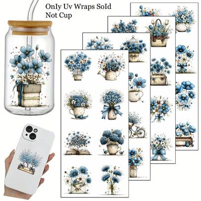 32pcs Spring Blue Flowers Transfer Stickers Sheets For 16Oz Glass Jars - UV DTF Vinyl Featuring Whimsical Floral Graphics, Ideal For Projects, Home Decoration, And Gift Creation, Craft Embellishments | Floral Pattern | Vinyl, Flower Embellishments