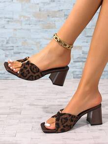 方头细跟时尚露趾凉鞋，性感露趾蝴蝶结女士高跟凉鞋，夏季穿搭 - 棕色 - 查看 5