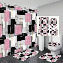 1pc/4pcs Glitter Geometric Pattern Luxury Bathroom Shower Curtain Set, Free 12 Hooks Included, Elegant Holiday Decor, Includes Bath Mat, U-Shaped Toilet Mat And Round Toilet Mat, Suitable For All Bathroom Scenarios - A - View 1