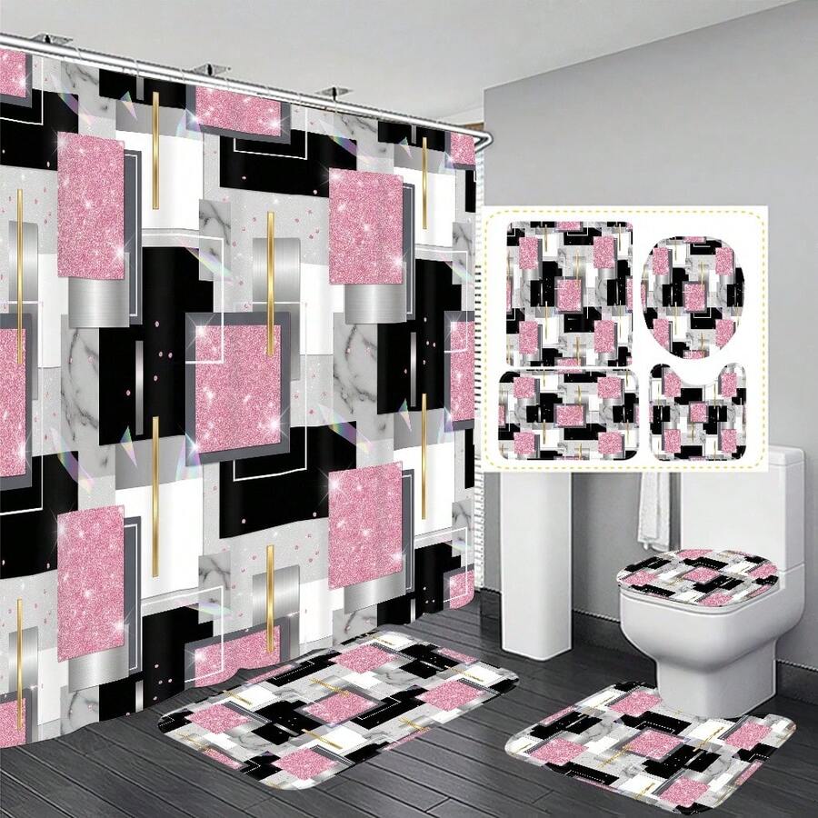 1pc/4pcs Glitter Geometric Pattern Luxury Bathroom Shower Curtain Set, Free 12 Hooks Included, Elegant Holiday Decor, Includes Bath Mat, U-Shaped Toilet Mat And Round Toilet Mat, Suitable For All Bathroom Scenarios - A - View 1