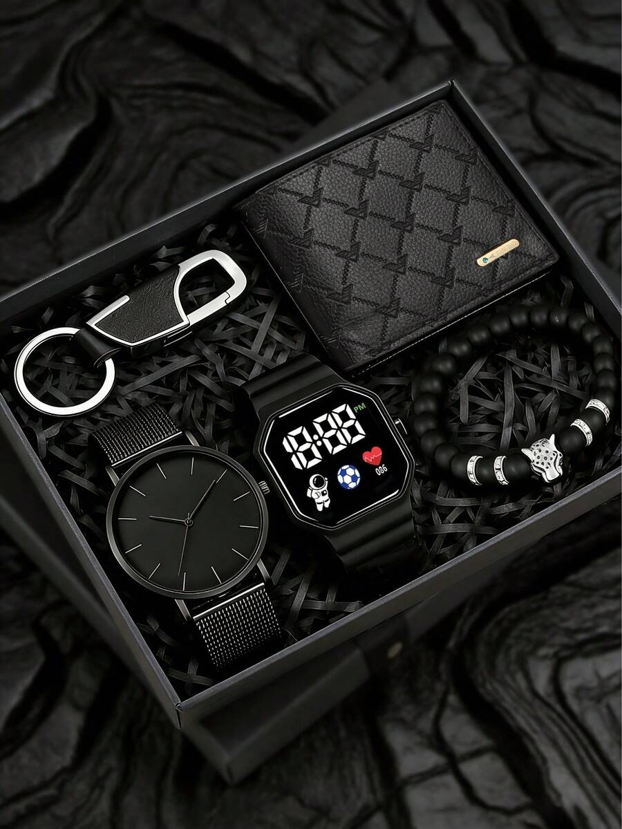 2pcs/3pcs/5pcs Men's Watch Gift Set, Ultra-Thin Quartz Watch With Scale Display And Sports Digital Watch, Multilayer Luxury Wallet, Coin Purse And Bracelet, Business Party, Suitable For Holidays, Birthday Gifts, High-End Gift Box, Father's Day, Valentine's Day - Black - View 1