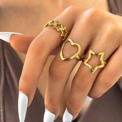 Set de 3 anillos de acero inoxidable con forma de corazón, anillos de estrella de cinco puntas lisos, anillos ajustables adecuados para mujeres y parejas, aptos para uso diario, fiestas, también como regalo del Día de San Valentín