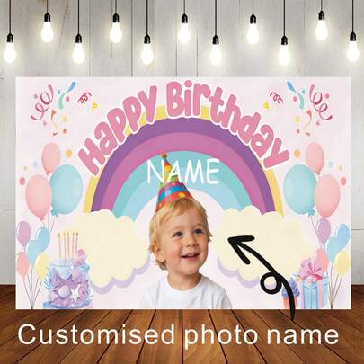Phông nền "Chúc mừng sinh nhật" bằng bóng bay màu hồng có thể tùy chỉnh với tên và ảnh; họa tiết trang trí ruy băng nhiều màu sắc, bánh sinh nhật cầu vồng và hộp quà; phông nền tiệc sinh nhật cá nhân hóa, biểu ngữ chụp ảnh và phông nền vinyl.