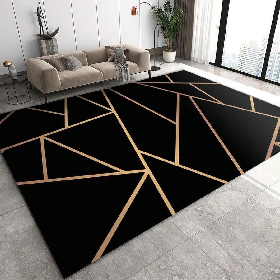Nordic Black Gold Geometric Texture Area Rug, Abstract Golden Irregular Line Art Indoor Non-Slip Rugs, Machine Washable Breathable Durable Carpet For Front Entrance Floor Decor, Living Room Bedroom Sofa Home Decor, Multi Carpets Home Decor Rugs, Homestay Hotel, Non-Slip Machine Washable Carpet, Home Decor Room Decor - Nordic Black Gold - View 1