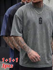 Bộ 3 áo thun ngắn tay nam mùa hè in họa tiết ngực, đa năng. - Xám - Xem 1