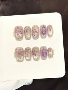 10片手工方形亚克力按压式美甲，中号，柔和裸色，闪亮猫眼，手绘简约紫色葫芦花，前卫优雅简约春季假指甲，夏季美甲，适合派对、日常、约会、海滩、热带度假等场合，DIY美甲，适合女性和女孩作为礼物，美甲用品 - 紫色 - 查看 1