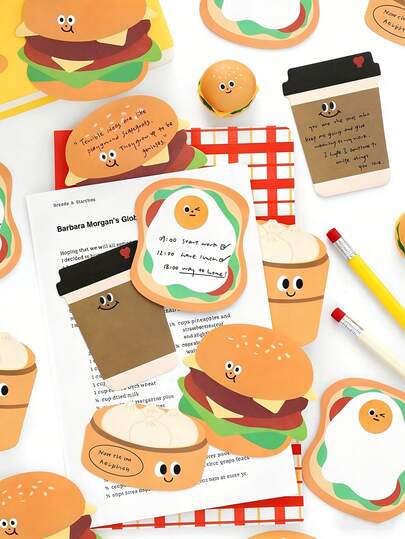 Bộ 30 tờ giấy ghi chú hình đồ ăn dễ thương, hình bánh mì kẹp thịt, cốc cà phê, nồi hấp, bánh mì nướng Kawaii, giấy ghi chú dán ngộ nghĩnh sáng tạo cho văn phòng phẩm trường học, bộ nhãn dán ghi chú hình hạnh phúc dễ thương dành cho học sinh và người lao động.