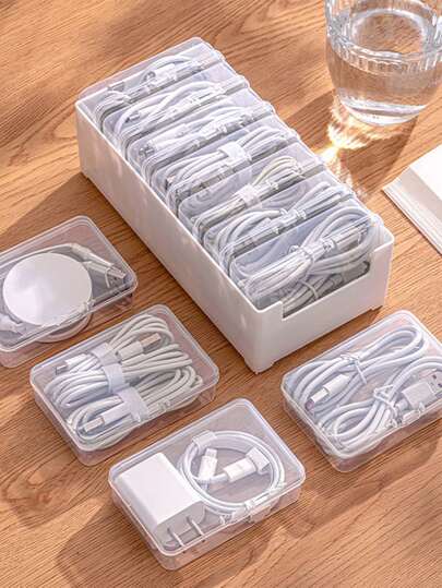 1Set Plastic Data Cable Storage Box, Charger Organizer Winder, Desktop Cable Management, Power Charging Cable Holder, Transparent Container, Suitable For Home And Office Use, Not Suitable For Oversized Chargers